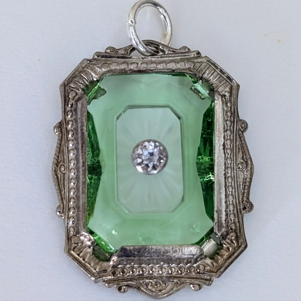 Sold - Vintage Art Deco Green Camphor Glass Sterling Silver Rhinestone Pendant